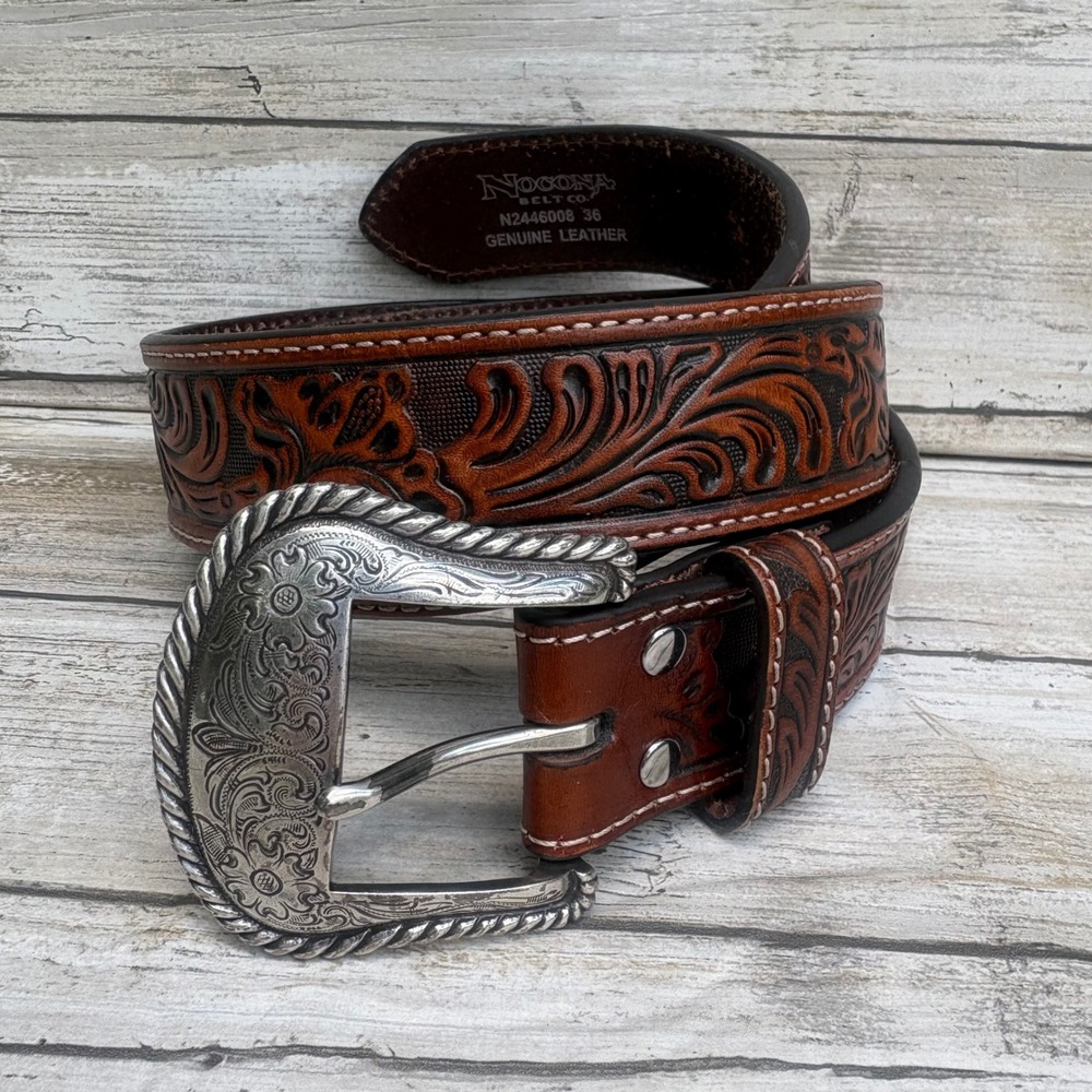 Nocona Belt Co Western Tooled Leather Belt 36 Brown Floral Silver Tone Festival